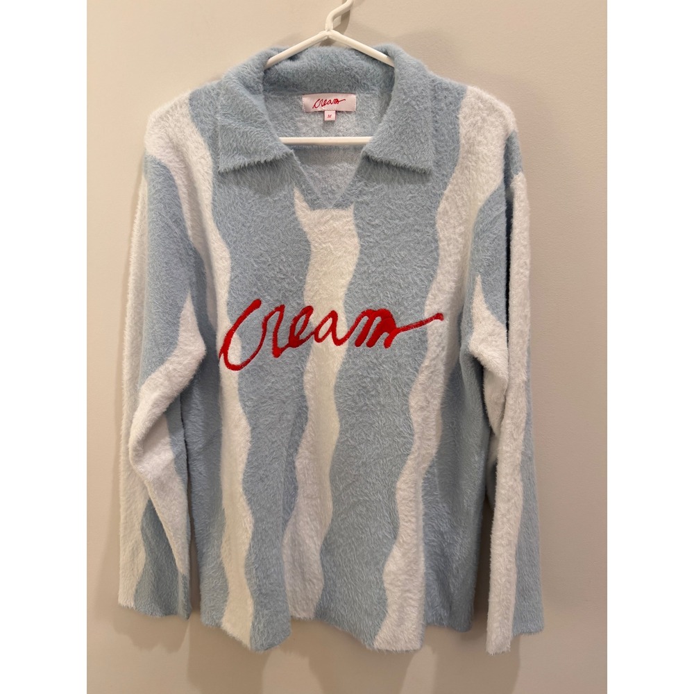 Cream Women's Medium Fuzzy Knit Polo Sweater Blue White Wavy Stripe Y2K